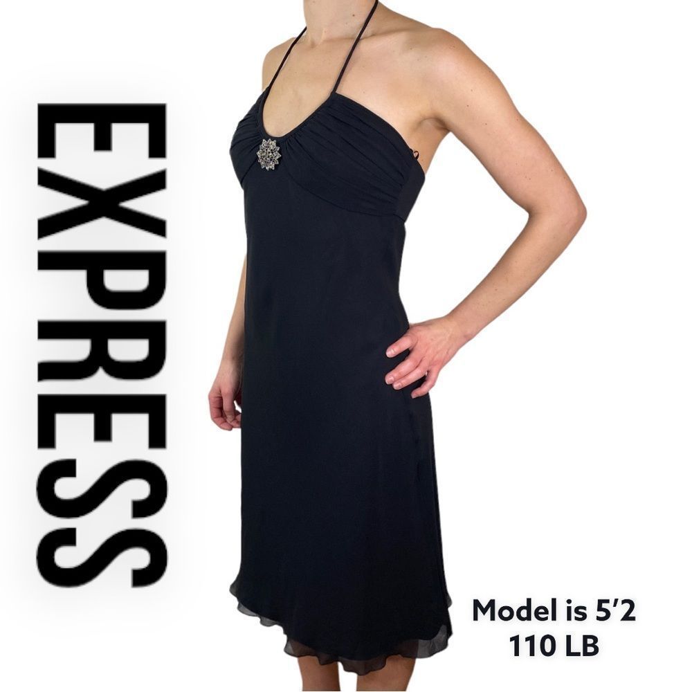 Express Black Satin Pieced Halter Neck Midi Dress, Women's Size 4 NWT!